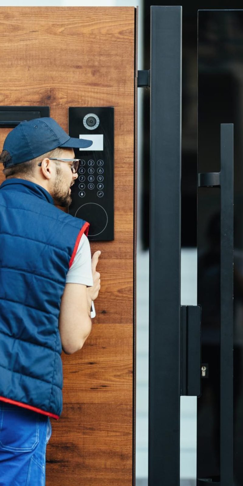 back-view-deliverer-ringing-intercom-gate-customer-s-house-while-delivering-packages